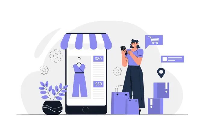 A Girl Is Shopping Online Using Her Mobile Phone in an Online Boutique Shop Flat Design Illustration